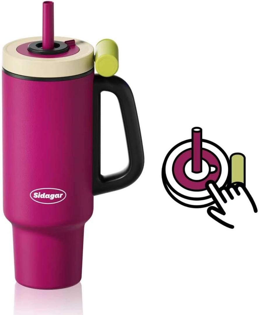 Tumbler with Handle,36 oz Ceramic Lined Travel Mug Water Bottle with Straw,Vacuum Insulated Stainless Steel Cup with Lid,Fits Cup Holder, Leak Resistant Press-in Lid, Purple (Fuchsia Berry Purple)