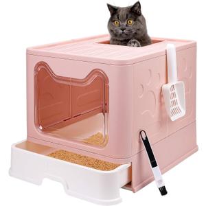 Foldable Cat Litter Box with Lid, Enclosed Potty, Large Top Entry Anti-Splashing Toilet, Easy to Clean Including Litter Scoop and 2-in-1 Cleaning Brush (Pink)