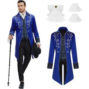 Men Medieval Steampunk Tailcoat Jacket Gothic Victorian Frock Coat Uniform Halloween Party Cosplay Gentleman Costumes (3X-Large, Blue)
