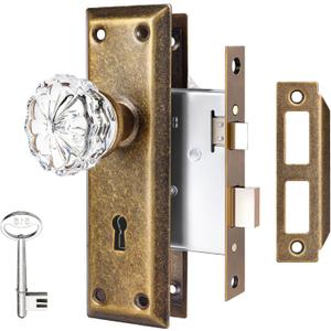 Mortise Lock Set Interior Door, Crystal Glass Door Knobs with Lock and Skeleton Key, Old Door Knob Replacement, Vintage Antique Door Handle, Vintage Brass Finish