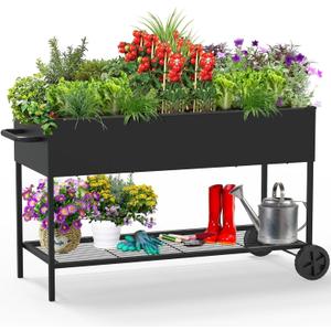 JWPEHOE 51 26 31.5 Inches Raised Garden Bed with Legs/Storage Shelf, Mobile Planter Box for Outdoor Plants, Elevated Garden Bed for Backyard, Balcony, Black