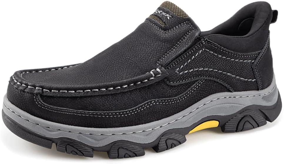 YONGJIA Mens Hands Free Slip in Loafers Walking Slip on Leather Casual Comfortable Breathable Shoes (Black)