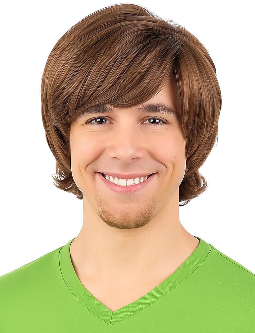 PUREHAIR Shaggy Mens Wig Funny 70s Wigs for Men for Disco Rocker Costumes - Short Brown Wig for 60s Cosplay Halloween Parties (Brown)