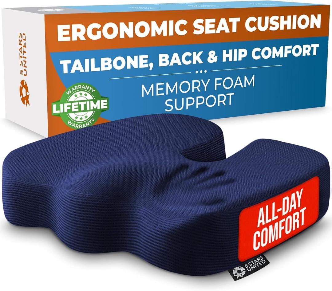 5 STARS UNITED Seat Cushion for Tailbone Pain Relief  Memory Foam Cushion for Coccyx, Hip, Hemorrhoid, Sciatica & Post-Surgery Recovery  Wheelchair, Car, Desk, Gaming & Office Chairs, D Blue