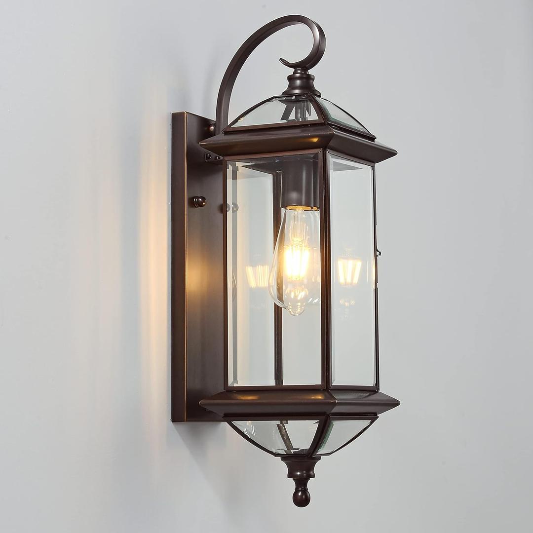 Large Solid Copper Outdoor Wall Light, 20" Oil Rubbed Bronze Porch Lantern with Clear Beveled Glass, Exterior Wall Sconce for Front Door, Garage, Patio, Weather Resistant, E26 Base