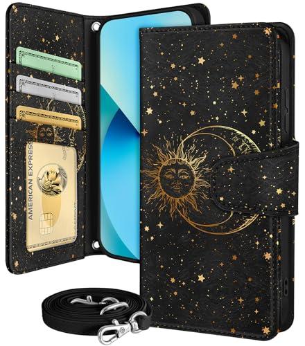Buleens for Samsung Galaxy S23 Wallet Case for Women - with Card Holder S23 Flip Case Leather Crossbody Cute Aesthetic Galaxy S23 Case with Strap Kickstand for Girls Girly, Black Sun Moon