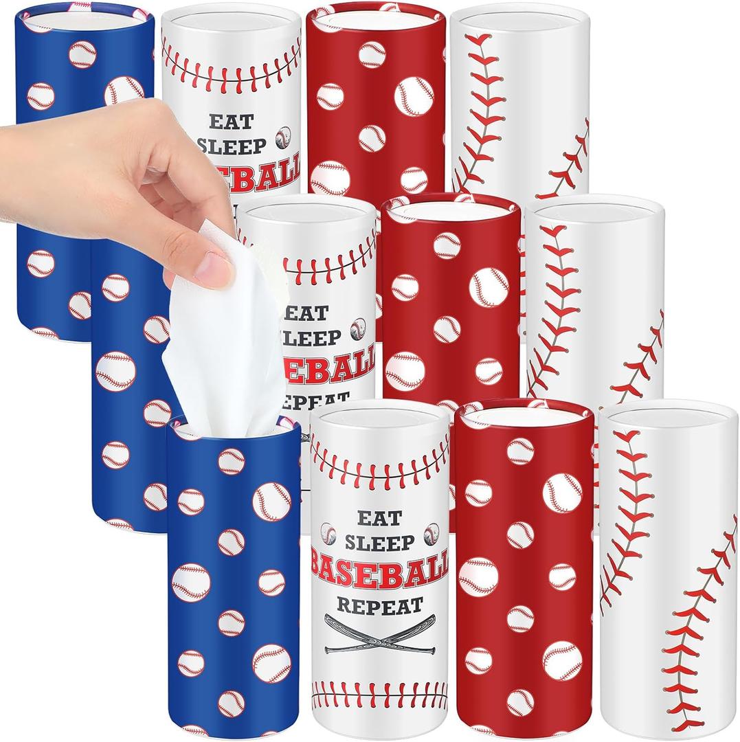 Faccito 12 Pcs Car Tissues Cylinder Holder with Facial Tissue Bulk Baseball Themed Tissue Holder Travel Tissues Tubes Boxes Container for Car Cup Baseball Party Decoration Supplies