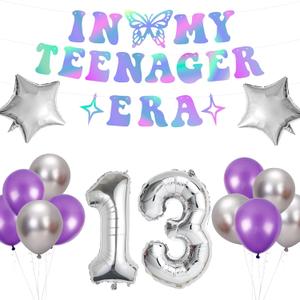 13th Birthday Decorations for Girls Iridescent In My Teenager Era Banner,Foil Balloon 13,Silver Purple Latex Balloons