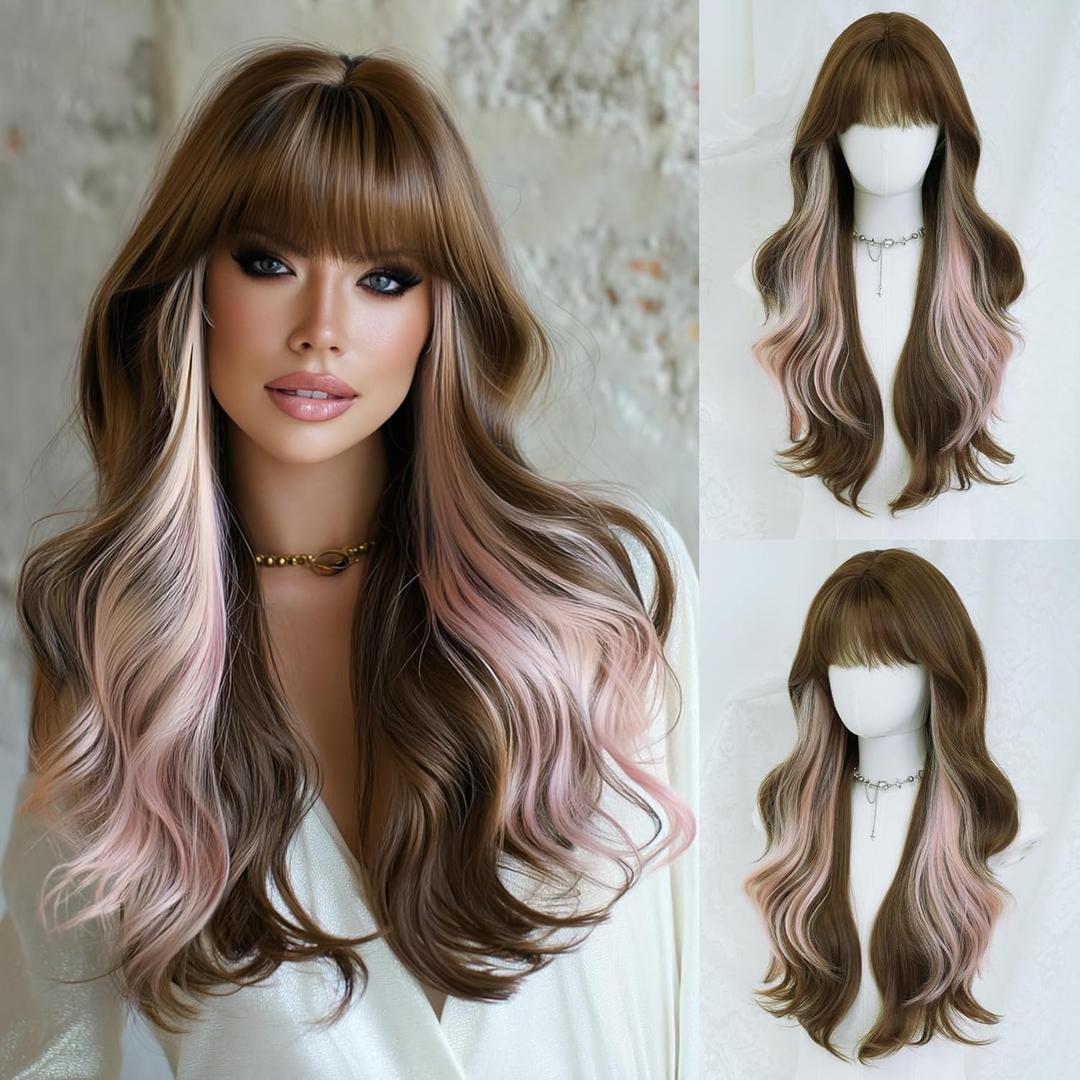 7JHH WIGS 28IN Brown Ombre Pink Long Wavy Bangs Wigs Natural Mixed Two Tone Heat Resistant Synthetic Fiber Women Curly Wigs for Christmas Daily Party Daily Used