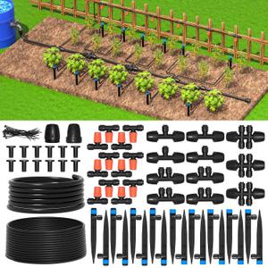 MIXC Greenhouse Micro Drip Irrigation Kit Automatic Irrigation System Patio Misting Plant Watering System with 1/4 inch 1/2 inch Irrigation Tubing Hose Adjustable Nozzle Emitters Barbed Fittings ((Upgraded) 26FT Main Tube+75FT 1/4'' Tube)