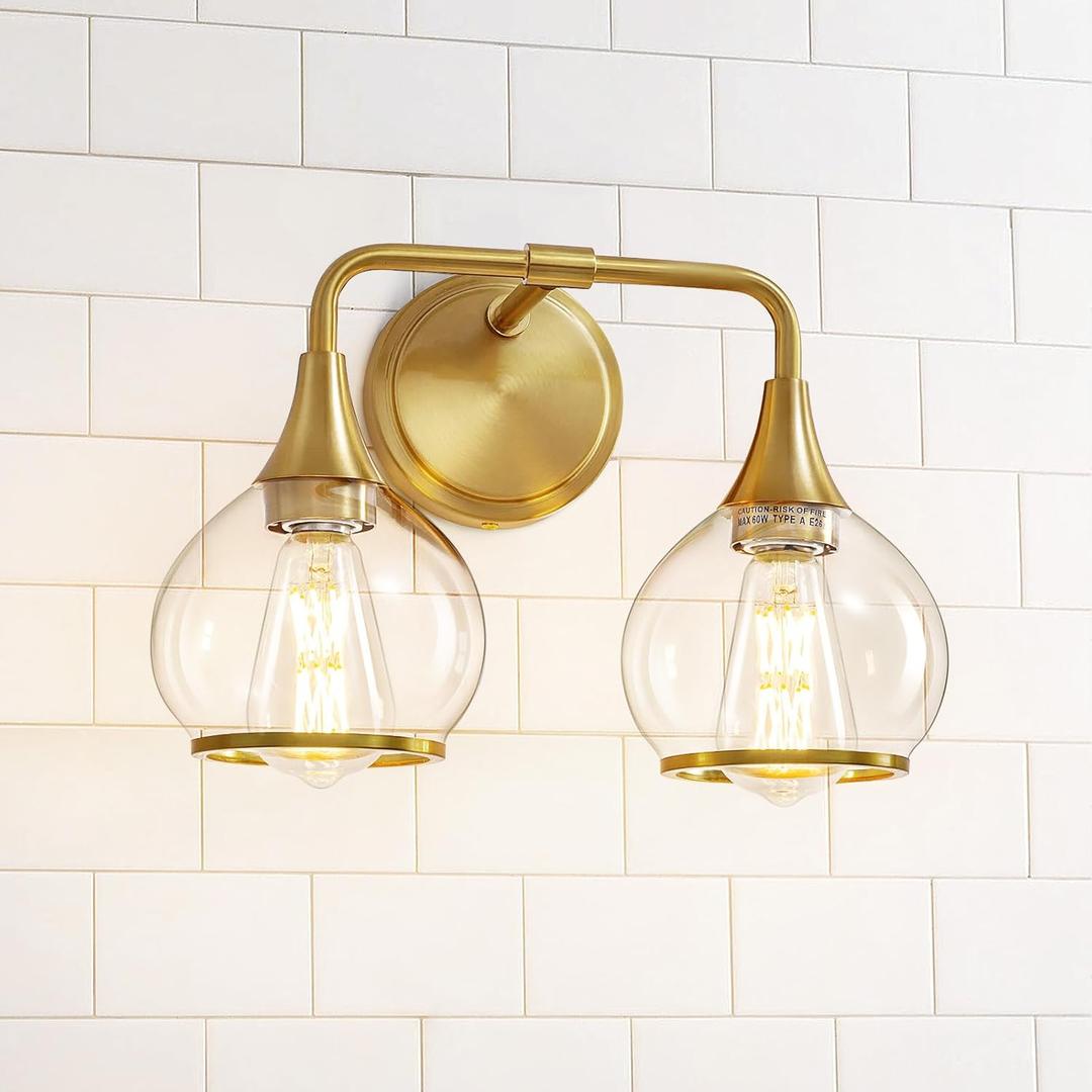 Gold Bathroom Light Fixtures 2-Lights Vanity Lights with Clear Glass Shade Bathroom Vanity Light 14 Inch Wall Sconces(Exclude E26 Bulb)