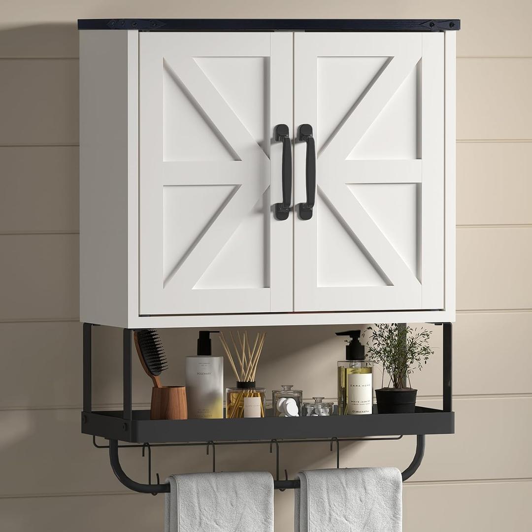Bathroom Cabinet Wall Mounted with 2 Barn Door, Wood Medicine Cabinet Organizer with Adjustable Shelf and Towel Bar, Storage Cabinet for Bathroom, Laundry, Living Room (White)