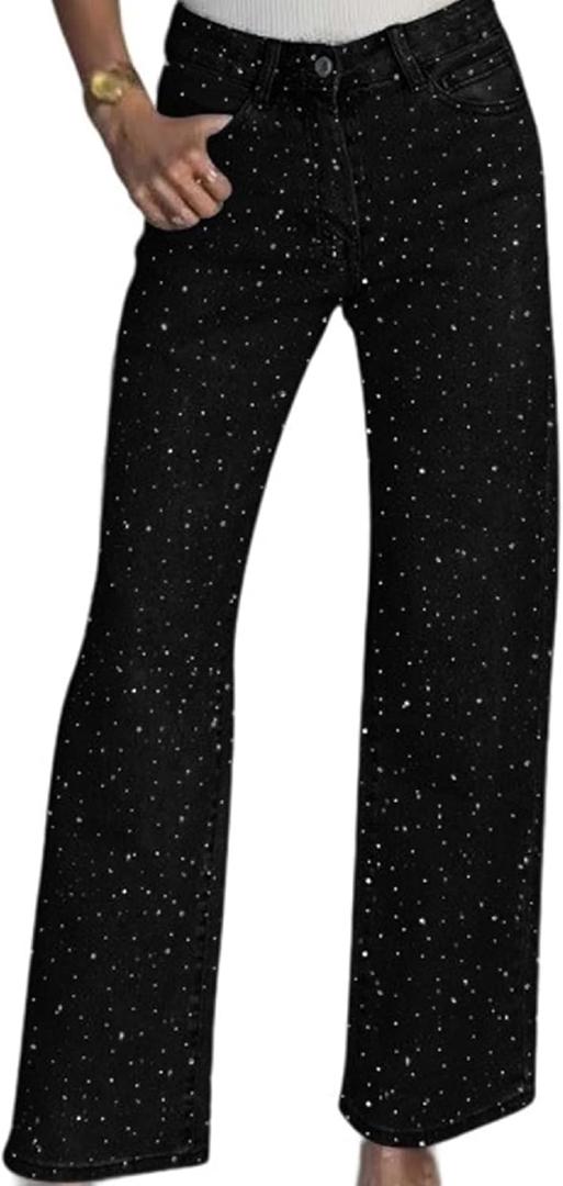Womens High Waisted Rhinestone Jeans Straight Wide Leg Denim Pants Sparkly Glitter Bling Baggy Trousers (3X-Large, Black)