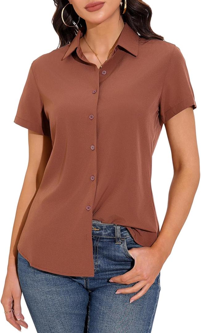 GUANYY Women's Short Sleeve Button Down Shirt Womens Shirts Dressy Casual Business Work Blouses V Neck Collared Tops (X-Large, Coffee)