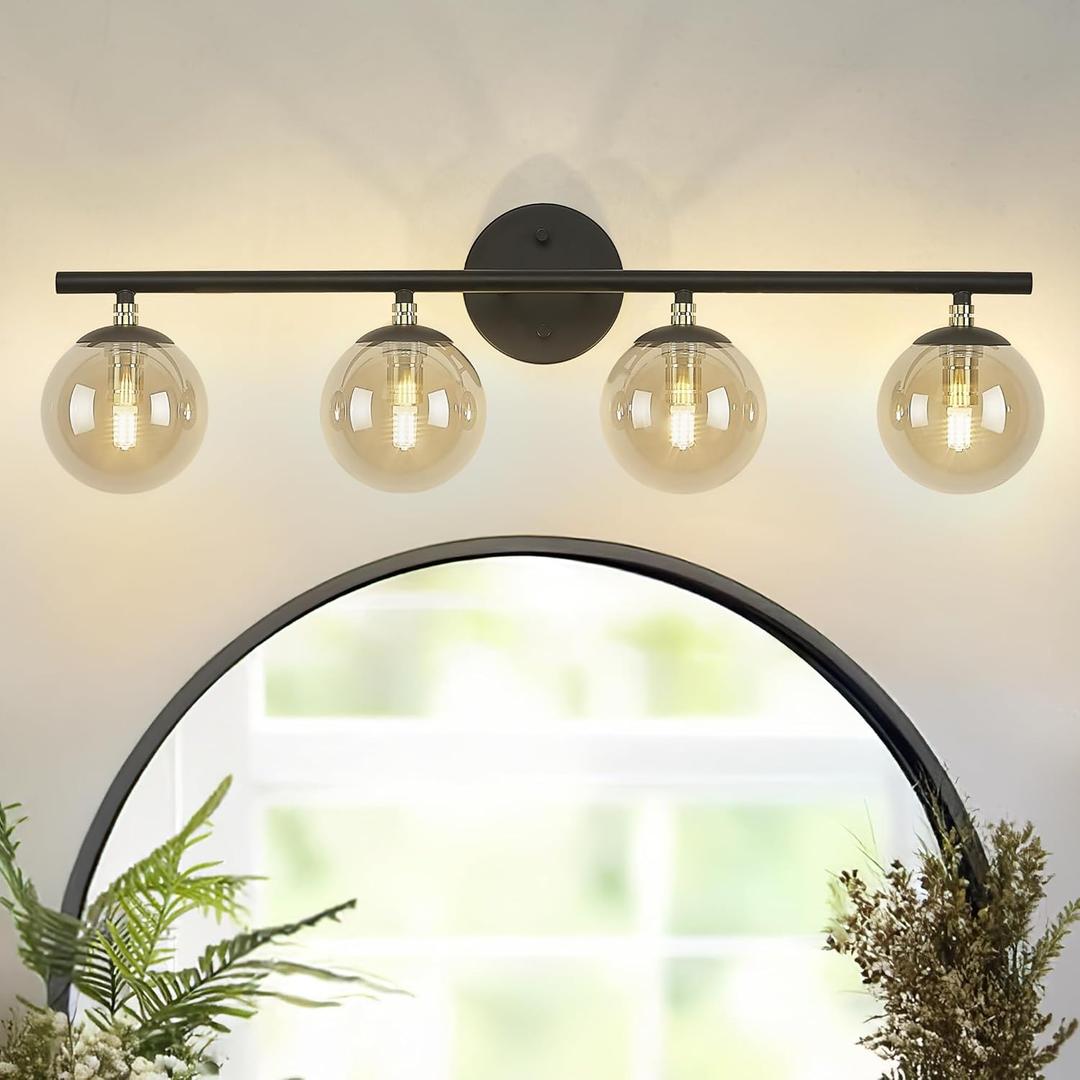 LMS 4-Light Matte Black Vanity Light, Modern Bathroom Lighting Over Mirror, Black and Brass Gold Finish with Globe Glass Shade, LMS-116-4
