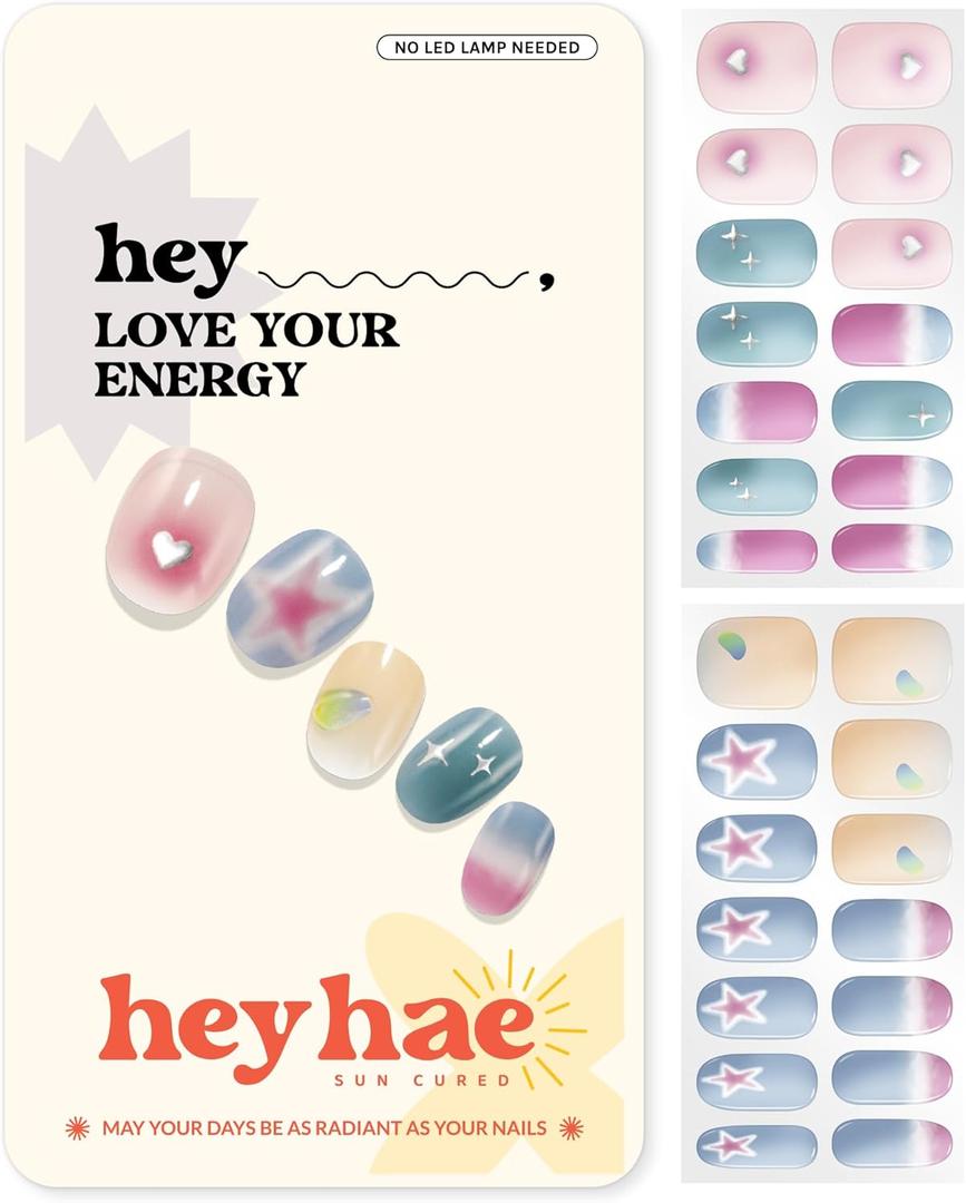 Heyhae Semi Cured Gel Nail Strips | No LED Lamp Needed | Marble, Spring | Easy Apply & Remove, Salon Quality | Includes 28 Strips, 1 Prep Pads, Nail File & Wooden stick - Hey, Love Your Energy