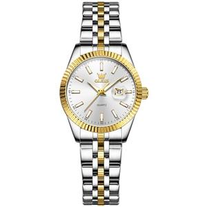 OLEVS White Watch for Women Gold and Silver Stainless Steel Bracelet Women's Dress Watches with Date Luxury Ladies Watches for Small Wrists Fluted Bezel Classic Female Watch Waterproof Luminous