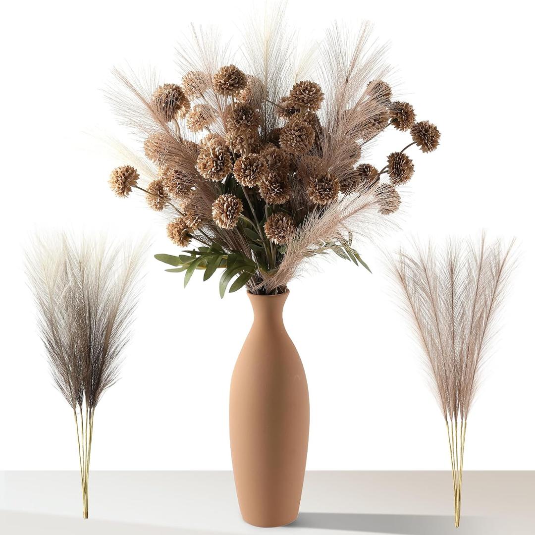 Faux Fall Flowers for Vase Fake Mums Artificial 10 Stems +10 Branches Pampas Grass,Long Stems Silk Flowers Home Decor,Faux Floral Pompon Balls For Table,Halloween Centerpieces,Wedding Arrangements (Dark Brown/Light Brown(mix))