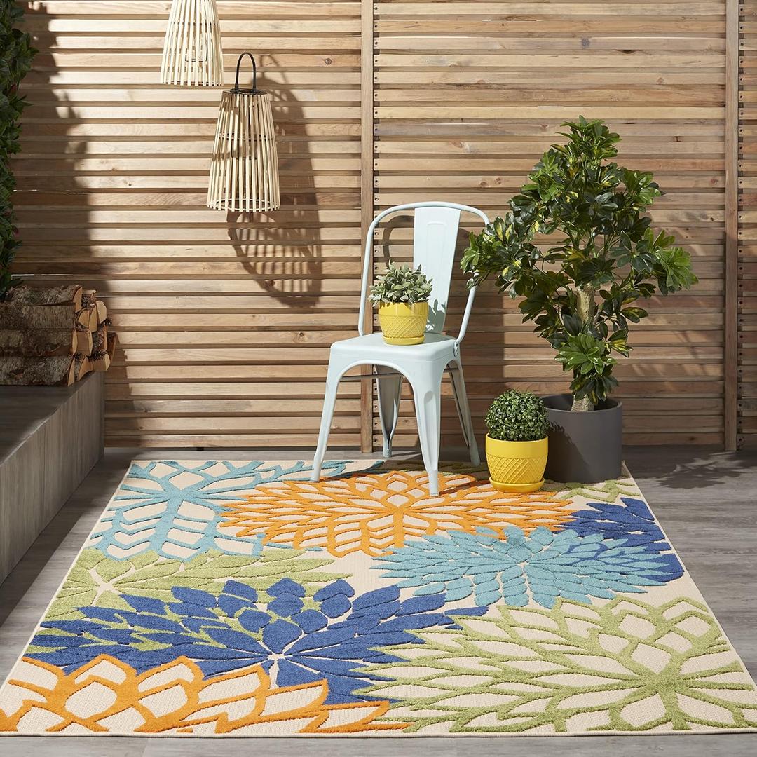 Nourison Home Aloha Indoor/Outdoor Multicolor 5'3" x 7'5" Area Rug, Tropical, Botanical, Easy Clean, Non Shedding, Bed Room, Living Room, Dining Room, Deck, Backyard, Patio (5x7)