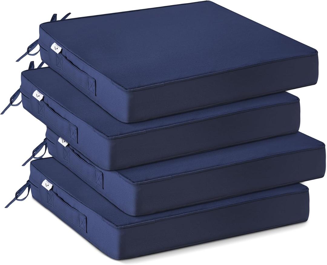 IPYNBAP Outdoor Chair Cushions Set of 4 -Waterproof Outdoor Seat Cushions for Patio Furniture, Patio Chair Cushion with Handle and Ties, Square Out Door Chair Pads, 19" x 19" x 3", Navy Blue
