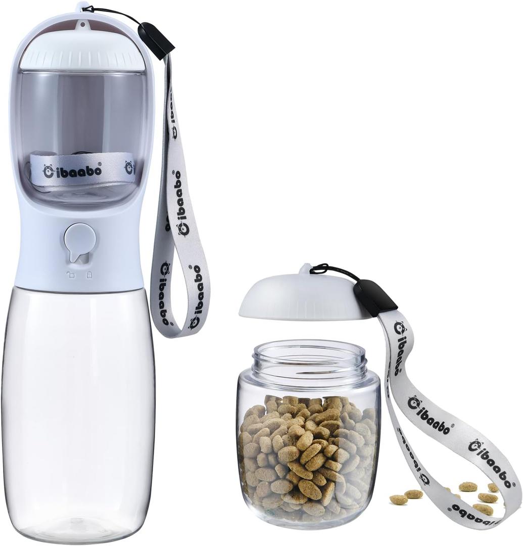 Dog Water Bottle with Food Container, Travel Puppy Water Bowl, Portable Pet Dispenser, Dog Stuff Accessories Items, Puppy Essentials Necessities for Yorkie Chihuahua Cat Walking and Hiking (19 oz, #09 White)