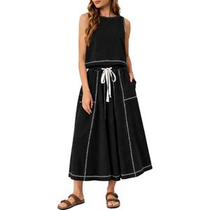 Ynhonra Women's Y2K 2 Piece Set Summer Sleeveless Tank Top and Drawstring Midi Skirt Lounge Outfit with Pockets (Black), Small