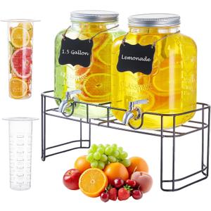 1.5 Gallon Glass Drink Dispensers for Parties, 2PACK Beverage Dispenser with Stand, Ice Cylinder and Stainless Steel Spigot 100% Leakproof, Beverage Dispenser for Lemonade Sun Tea