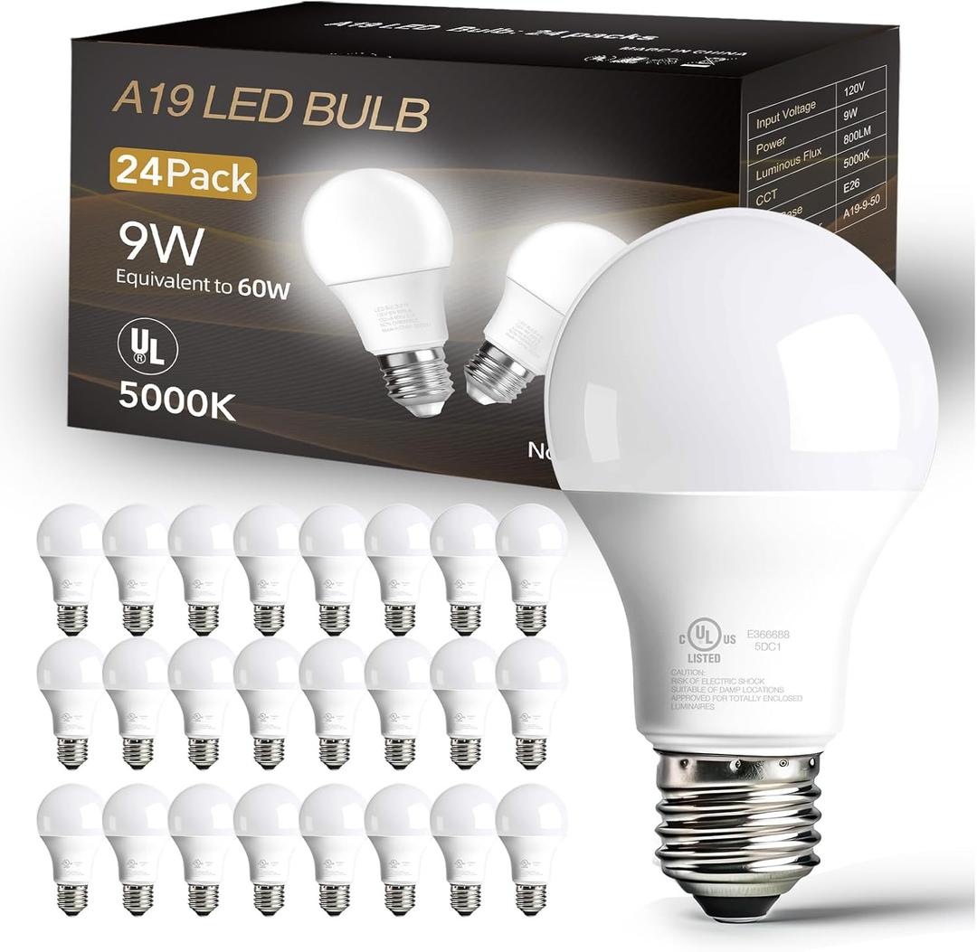 dalattin 24 Pack LED Bulbs Daylight White 5000K, 60 Watt Equivalent A19 Standard Bulbs, E26 Base, 800 LM, Efficient 9W Energy Saving, Non-Dimmable, 80+ CRI, 120V, UL Listed, for Living Room, Office