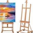H-Frame Studio Easel, Beechwood Artist Easel with Wheels and Storage Tray, Adjustable Floor Easel Stand Holding Canvas up to 51Inches for Painting, Natural