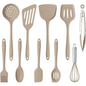 CAROTE Kitchen Utensil Set for Nonstick Cookware, Heat Resistant Silicone Cooking Utensils Set 10pcs, Brown, Oderless Spatula, Turner