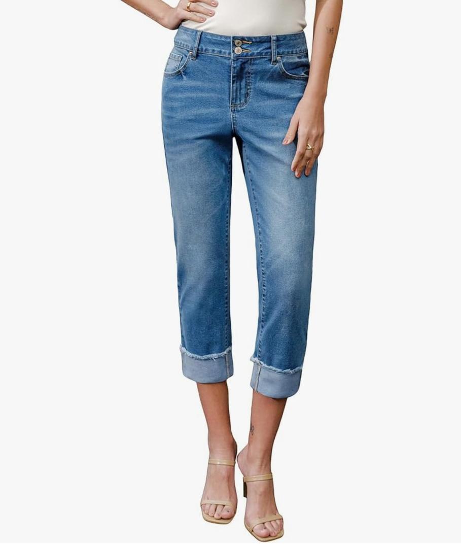 Sidefeel Women's Capri Jeans High Waisted Stretchy Roll-up Skinny Cuffed Cropped Zimbaplatinum Summer Capri Pants. Size 10,  Ashleigh Blue