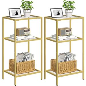 Side Tables Set of 2, Tempered Glass End Table with Metal Frame, 3-Tier Small Nightstands with Storage Shelves,Tall Table Stand for Home Decor, Living Room, Bedroom, Office, Gold2 Pack