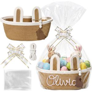 SiliFine Custom Easter Basket Personalized Easter Bunny Gift Basket with Name Rope Bow Ribbons and Gift Bag for DIY, Egg Hunt, Girls, Boys(Linen Yellow)