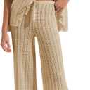 Imily Bela Women's Summer 2 Piece Swimsuit Cover up Crochet Knit Cardigan Tops Long Pants Set Bathing Suit Beach Outfit, Medium, Light Khaki