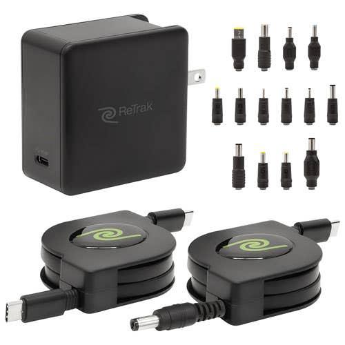 ReTrak 67 W Retractable Universal Laptop Charger and Power Adapter with 14 Tips