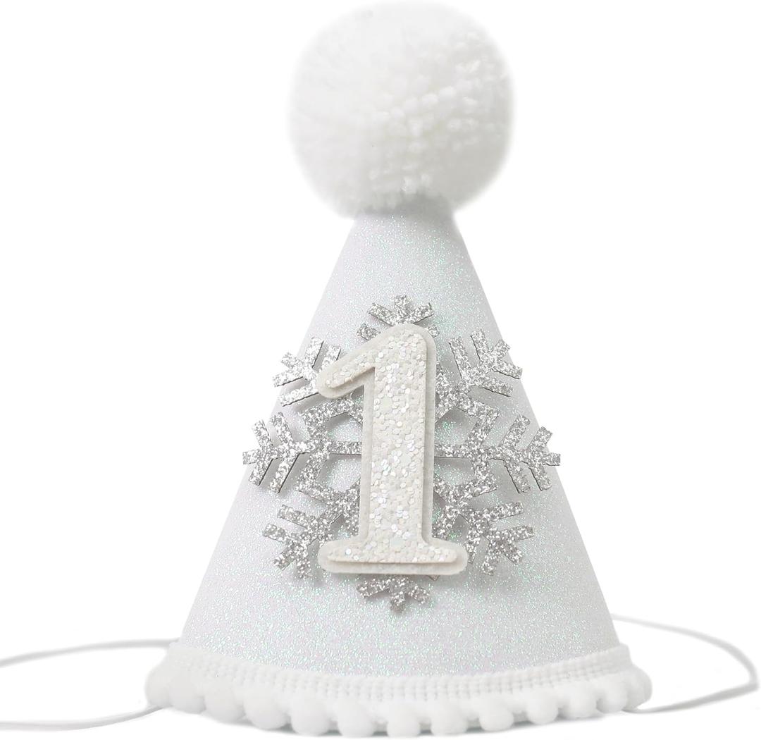 Snowflake 1st Birthday Hat - Winter Wonderland Cone Hat For Girls