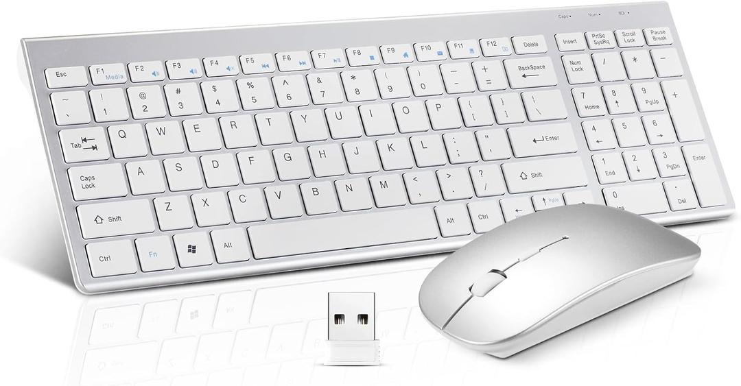 Wireless Keyboard and Mouse Combo, Compact Quiet Wireless Keyboard and Mouse Set 2.4G Ultra-Thin Sleek Design for Windows, Computer, Desktop, PC, Notebook, Laptop-Silver White