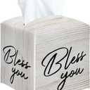 Bless You Tissue Box Cover Square, Decorative Tissue Box Holder for Bedroom Bathroom Kitchen Office Vanity Countertop, Leather Facial Paper Organizer Dispenser -06