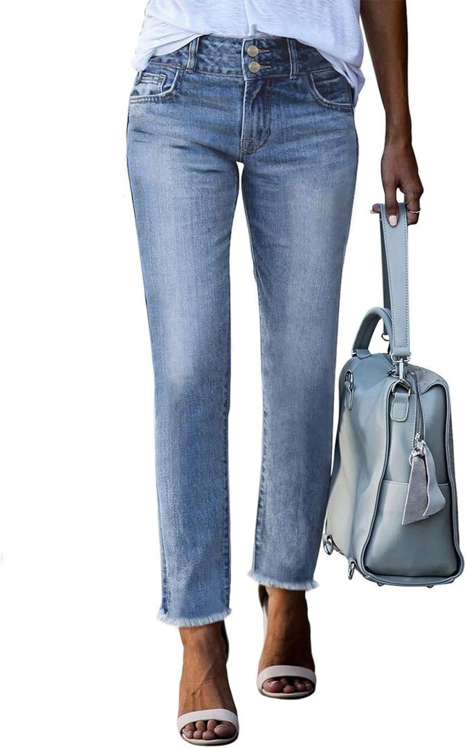 Sidefeel Women's High Waisted Jeans Strechy Fashion Raw Hem Straight Leg Ankle Denim Pants with Pockets (16)