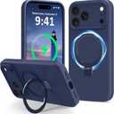 Compatible with iPhone 17 Pro Case Stand, Full Camera Protection Slim Liquid Silicone Phone Cases Fit for iPhone 17 Pro Compatible with MagSafe Magnetic Ring Kickstand Case 6.3", Dark Blue