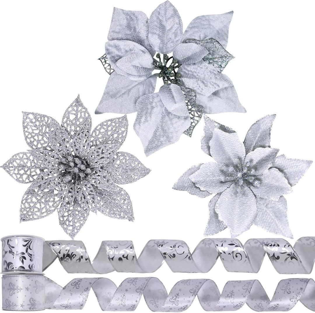 Winlyn 26 Set 3 Style Christmas Silver Glitter Poinsettia Flowers Picks Xmas Tree Ornaments and 12 Yards Decorative Silver Glittered Wired Ribbon for Silver Christmas Tree Wreath Garland Holiday Dcor