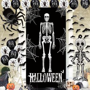 Halloween Party Decorations Set - Skeleton, Spider Web Bats Themed - with Backdrop, Balloons Bat Decorations for Spooky Festive Celebrations