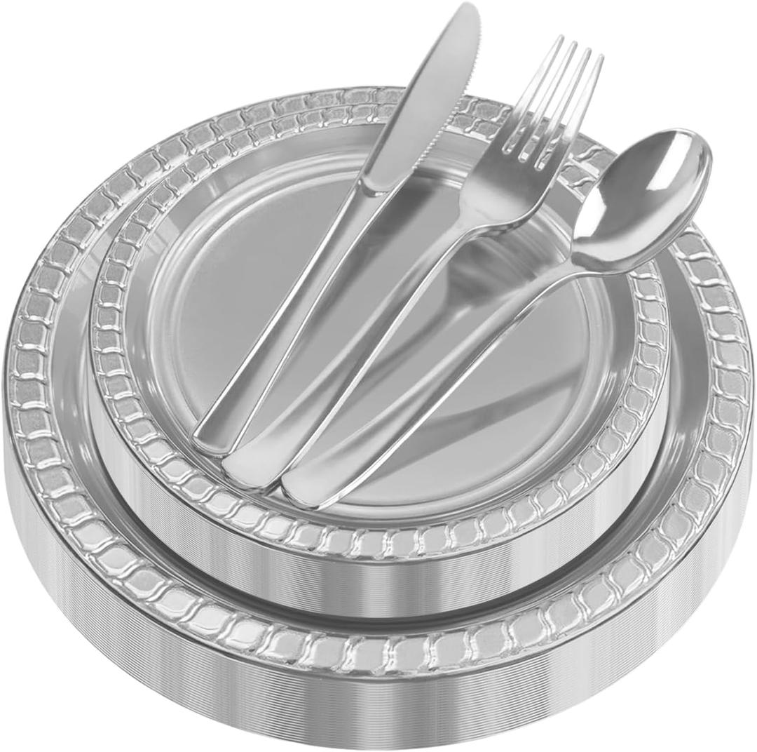 125pcs Silver Plastic Plates for 25 Guests, Include 25 Dinner Dessert Plates |Forks |Knives |Spoons for Weddings Parties Christmas (Silver, 125PCS25 Guests)