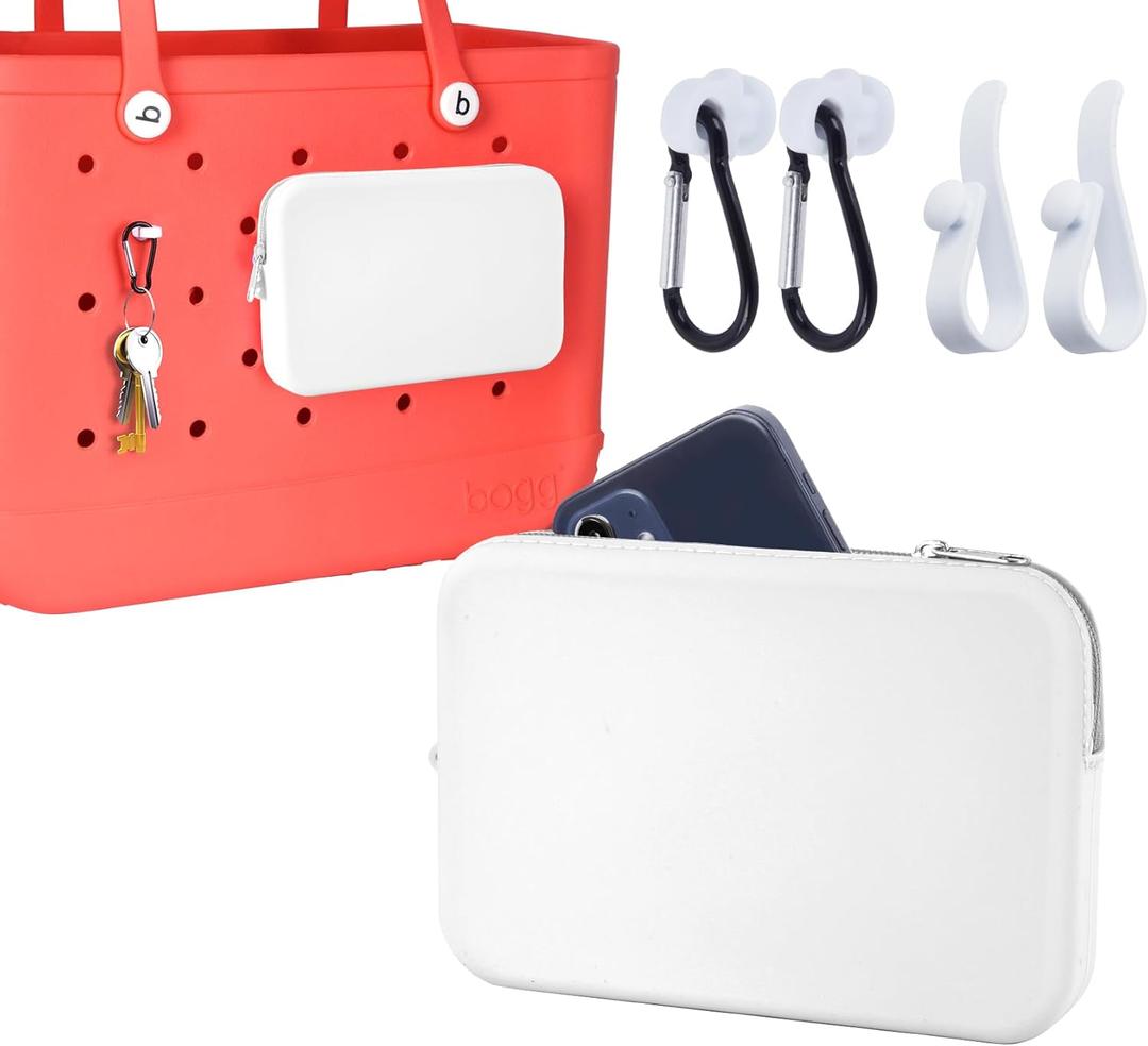 Silicone Zipper Pouch for Bogg Bag, Accessories Phone Holder for Bogg Bag, with 4 Key Hooks, Universal Zipper Wallet for Simple Modern Beach Tote, Fits All iPhone and Android Phones White