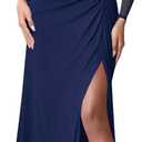 firfig Women Mesh Long Sleeve Square Neck Ruched Sheath Formal Evening Maxi Dress Cocktail Party Wedding Guest Dresses (Medium, Navy Blue)