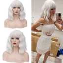14" Short White Curly Wig For Women Girls Heat Resistant Fiber Wigs Halloween Cosplay Daily Party+Cap (White)