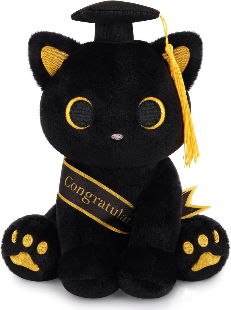 Class of 2026 Graduation Cat Plush - 8" Black Cat Plush with Cap & Golden Tassel Graduation Gift for Her Kids Him, Cute Plushies Toy for Kindergarten, High School College