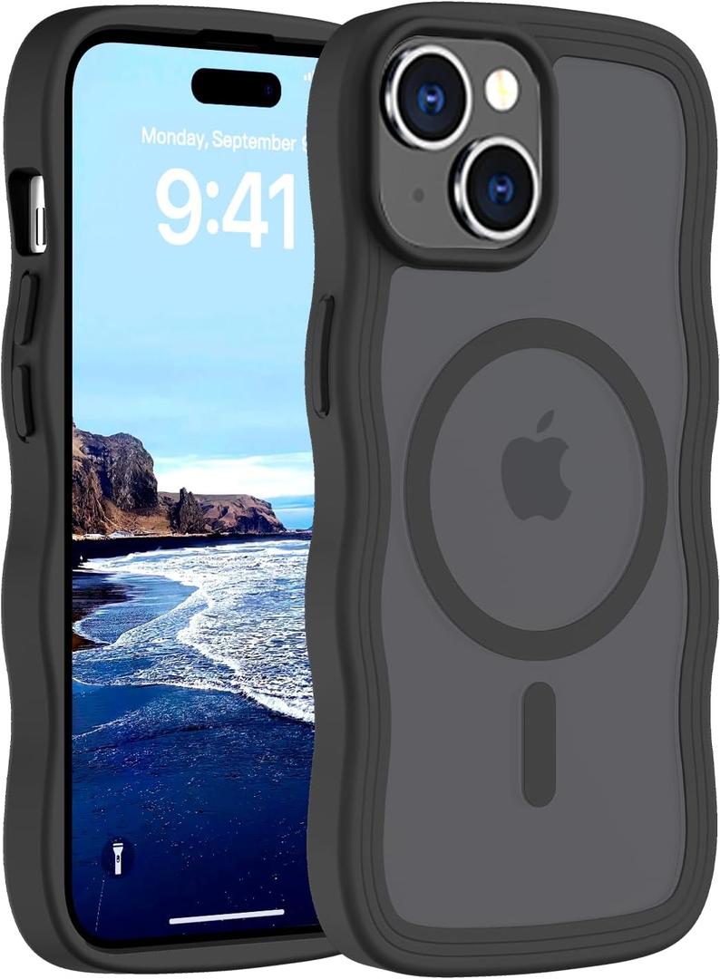 4 x Hualele Magnetic for iPhone 15 Case, Compatible with MagSafe, Military Grade Dropproof Translucent Matte Back Cute Curly Wave Edge Slim Phone Case for iPhone 15, Black