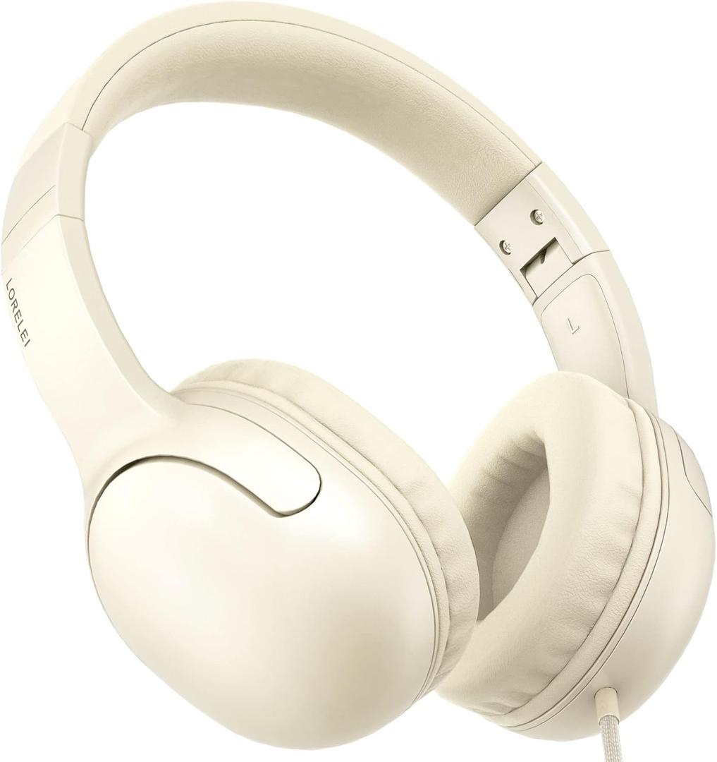 LORELEI E5 Wired Headphones for Kids Foldable & 3.5mm Jack Tangle Free Nylon Wire Stereo On Ear Headsets for Kids/Children/School/Tablet/Ipad/Kiddle/Plane (Beige White)