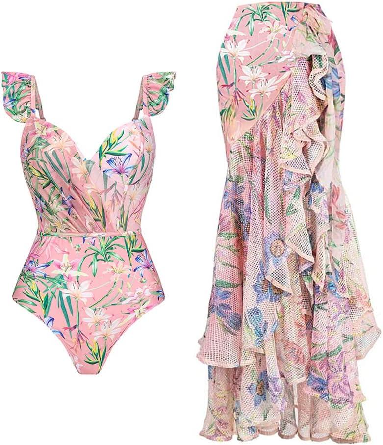 IDOPIP Women's One Piece Swimsuit with Beach Cover up Wrap Skirt Sarong Retro Floral Print Bikini Set Two Piece Bathing Suit (Large, Pink - Ruffle Shoulders)